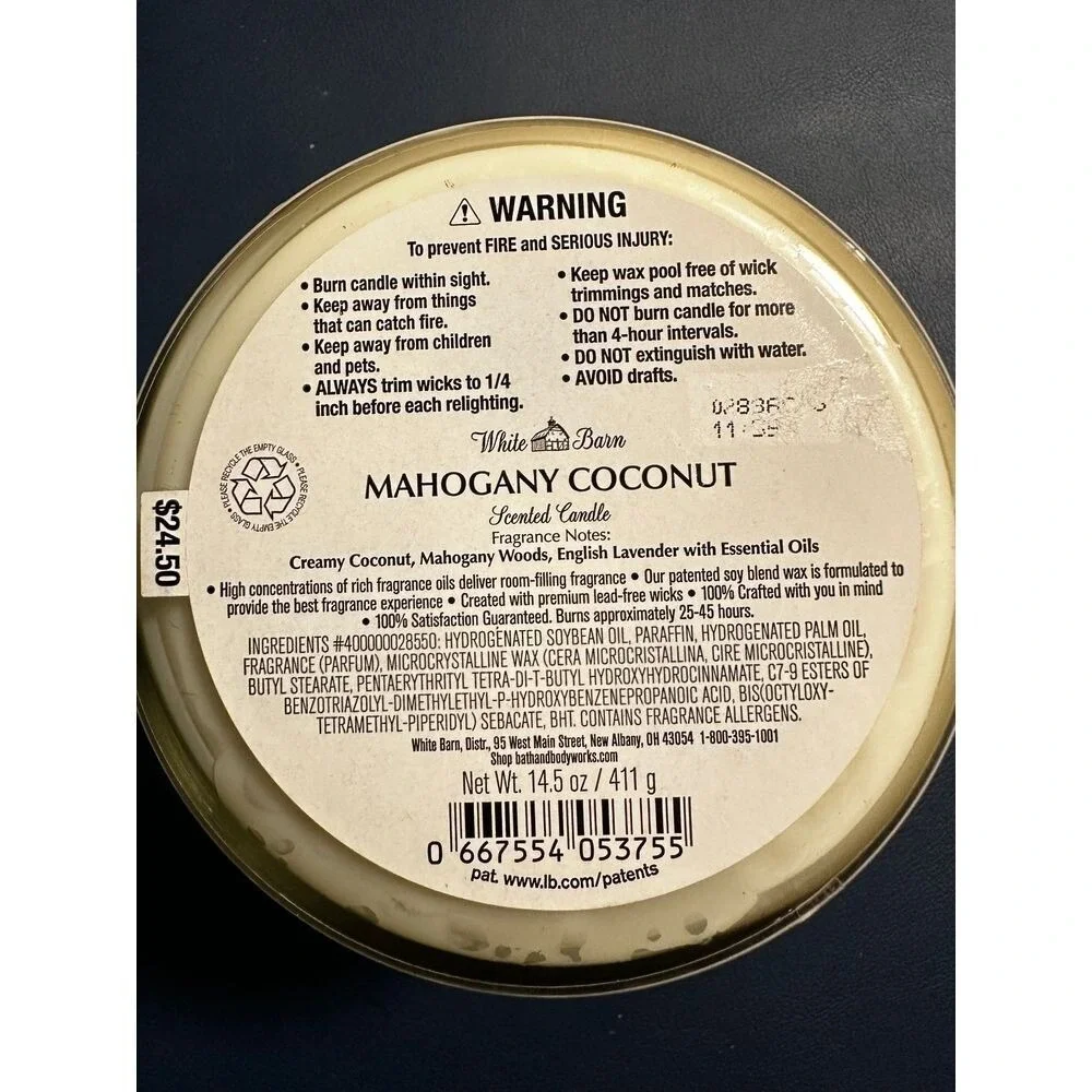 White Barn Mahogany Coconut 3-Wick Scented Candle 14.5 oz Essential Oils - Picture 3 of 4